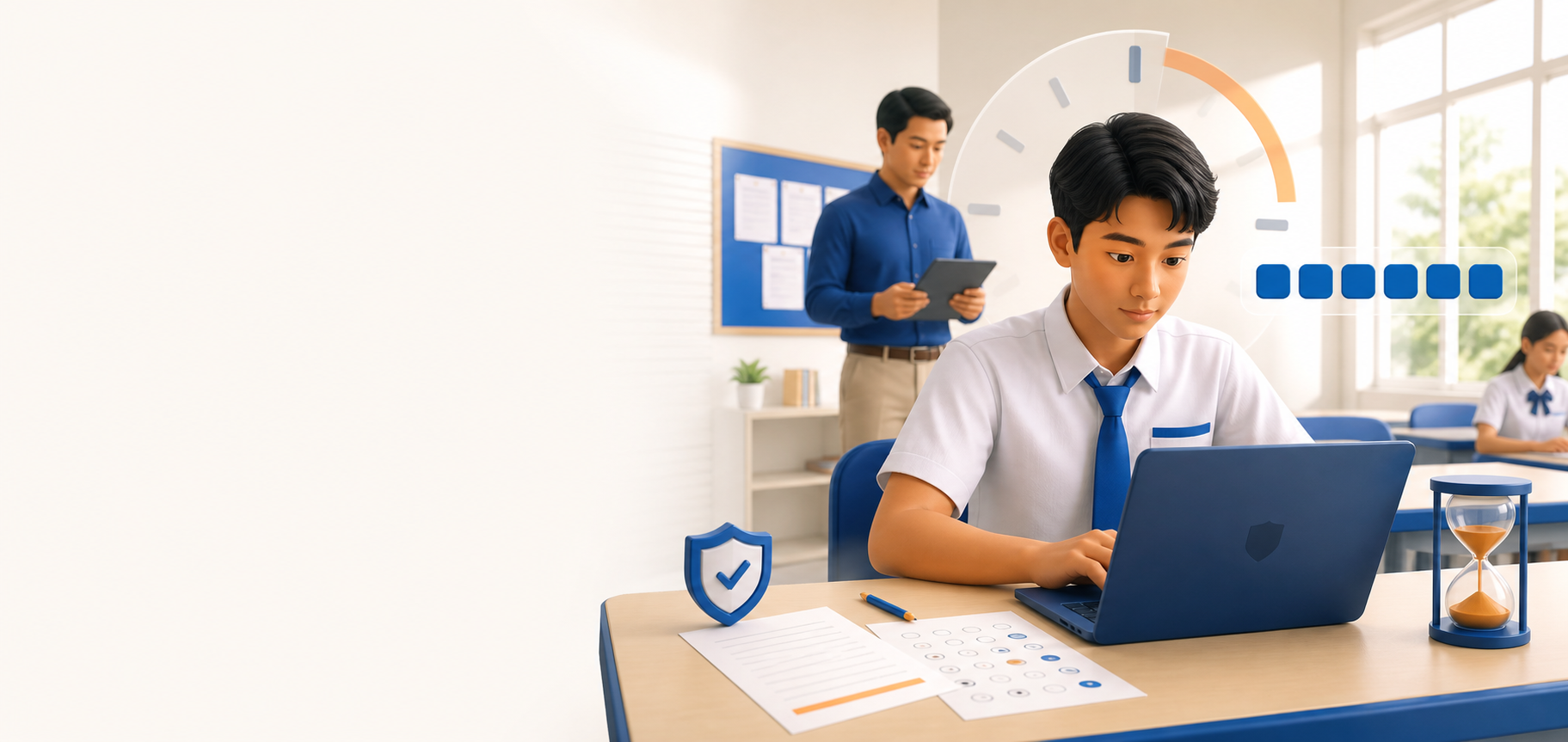 Siswa mengerjakan ujian digital sementara guru memantau pelaksanaan